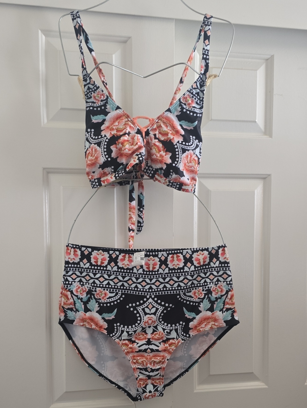 Floral High-Waist Bikini Set - Navy & Coral